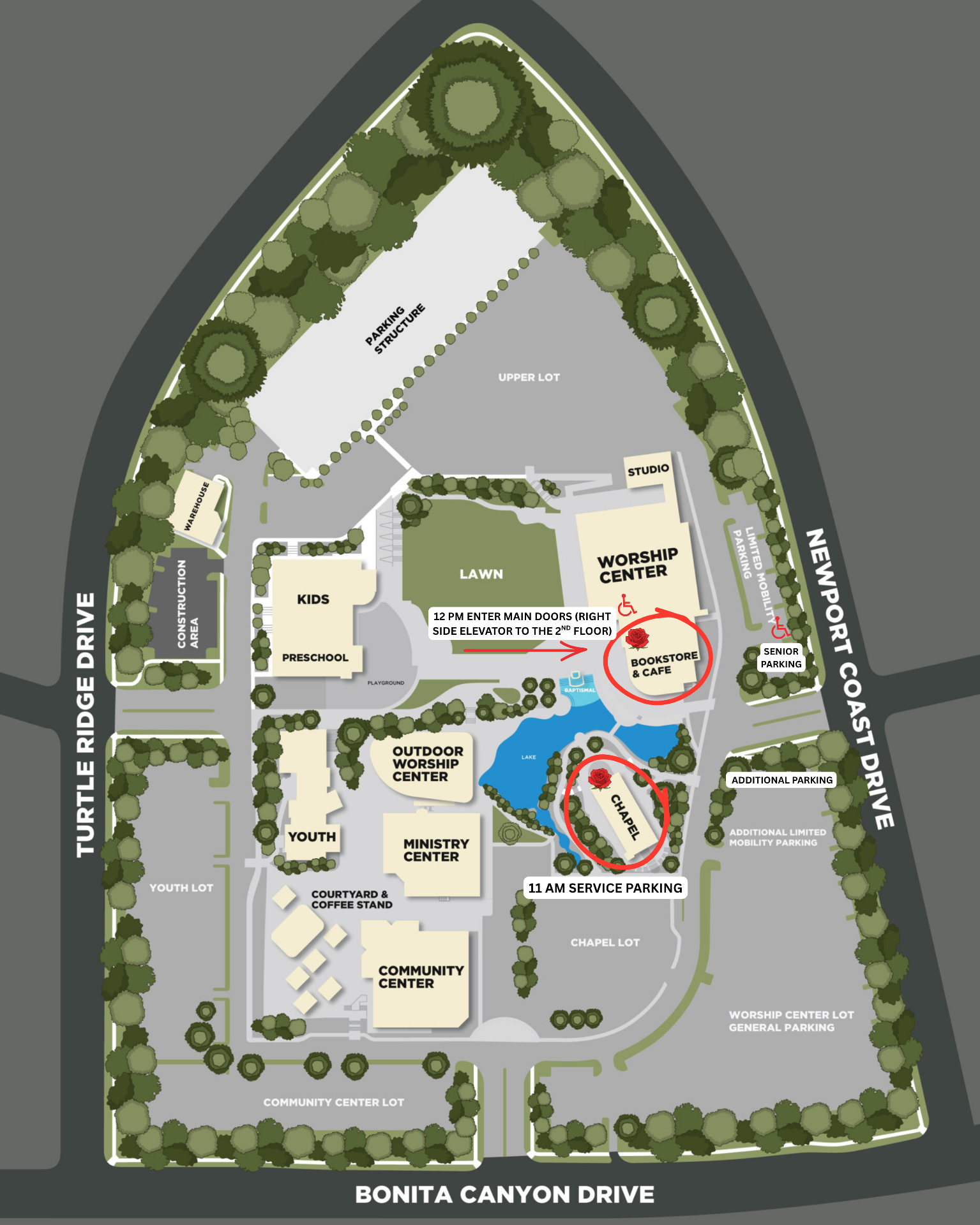 Mariners Church Irvine campus map showing the Chapel, Worship Center, and parking areas